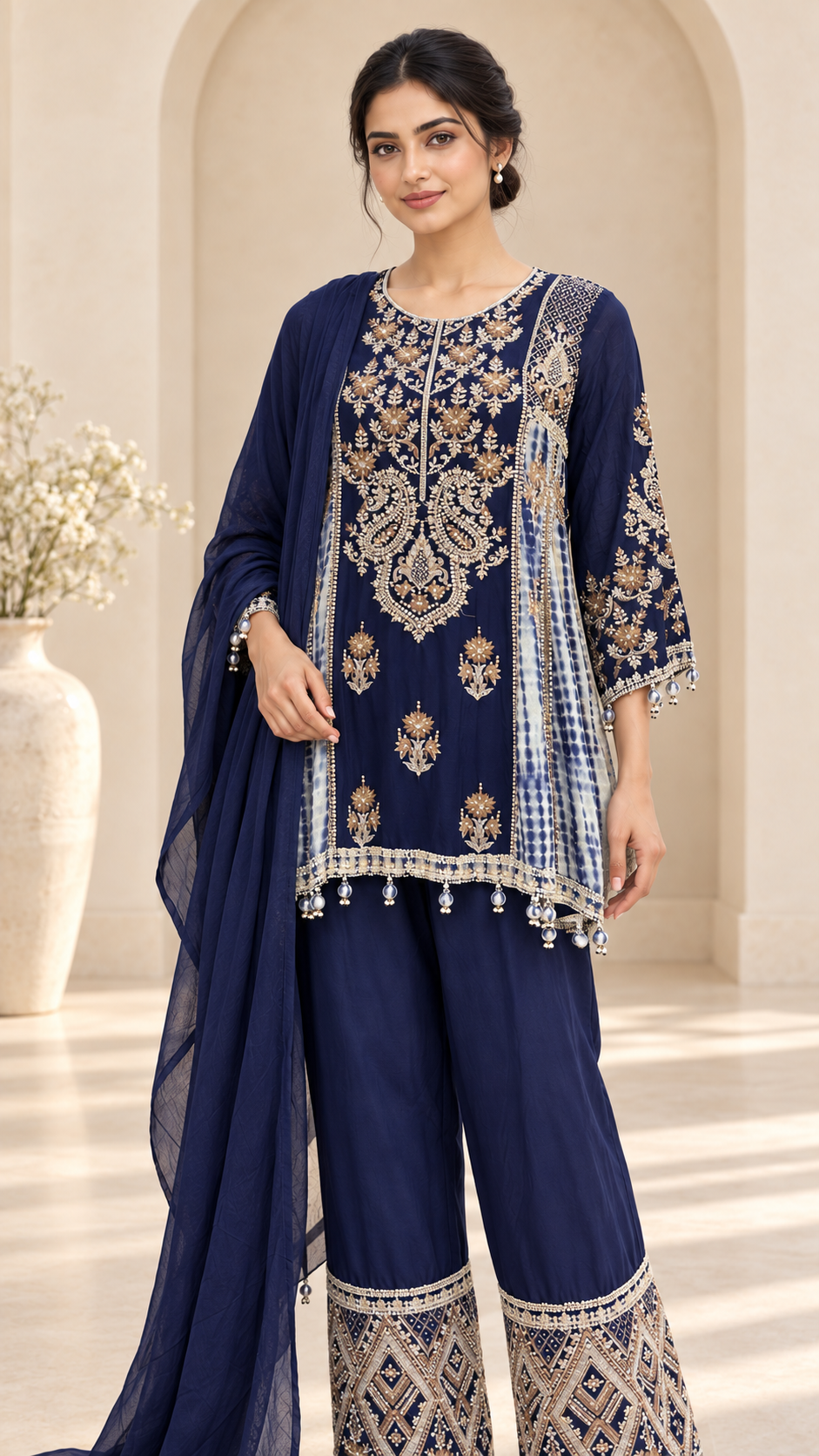 Navy embroidered kurta in ivory studio