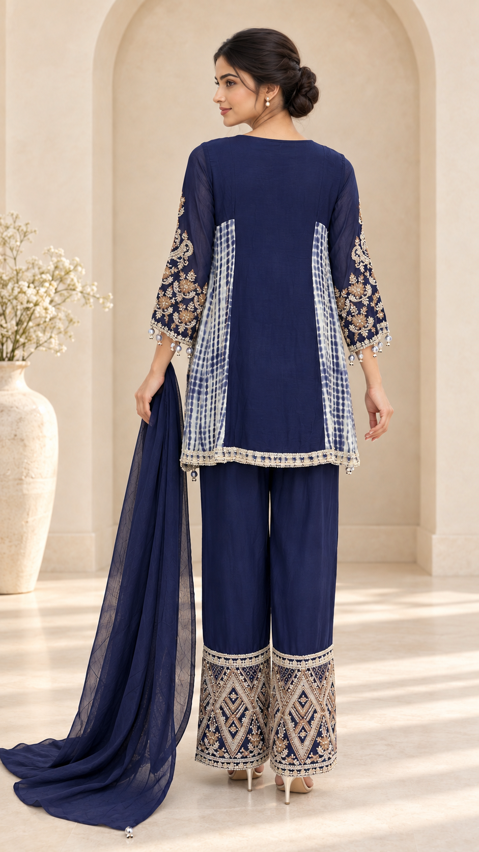 Navy embroidered kurta in ivory studio