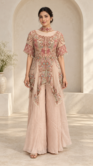 Elegant embroidered blush indowestern