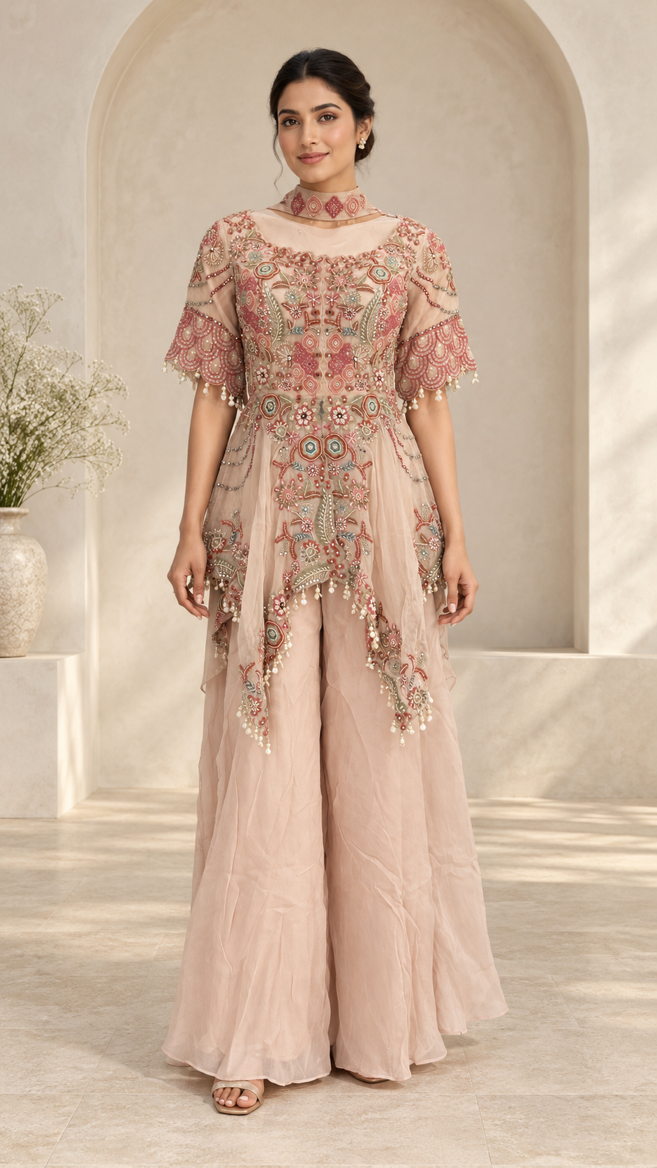 Elegant embroidered blush indowestern