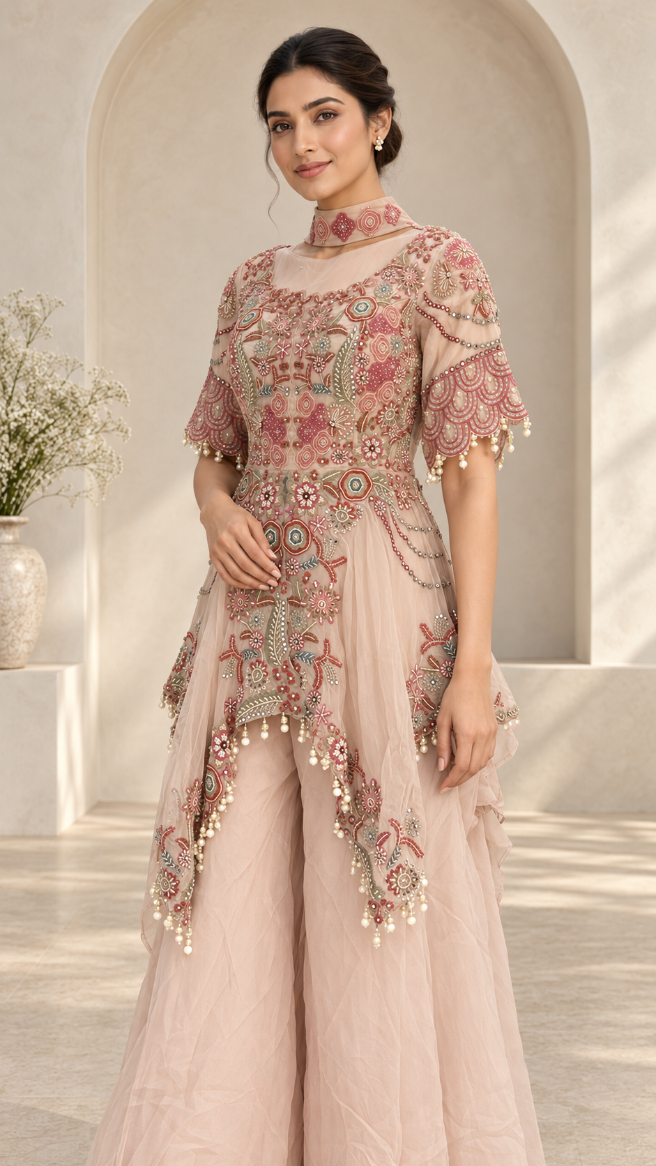 Elegant embroidered blush indowestern