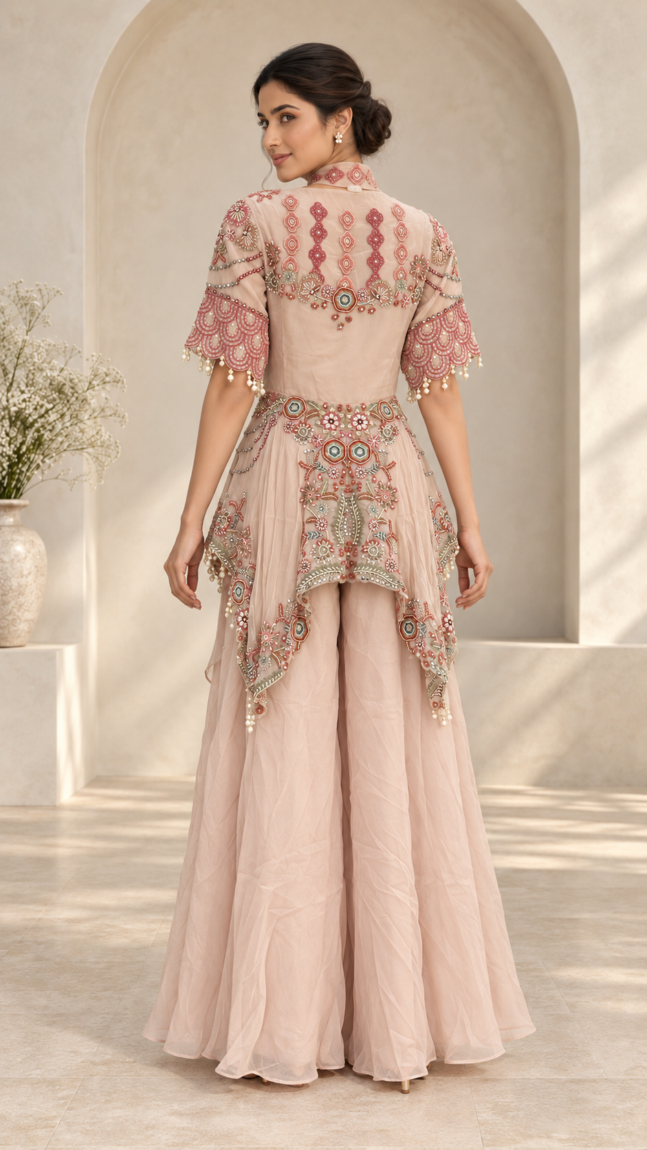 Elegant embroidered blush indowestern