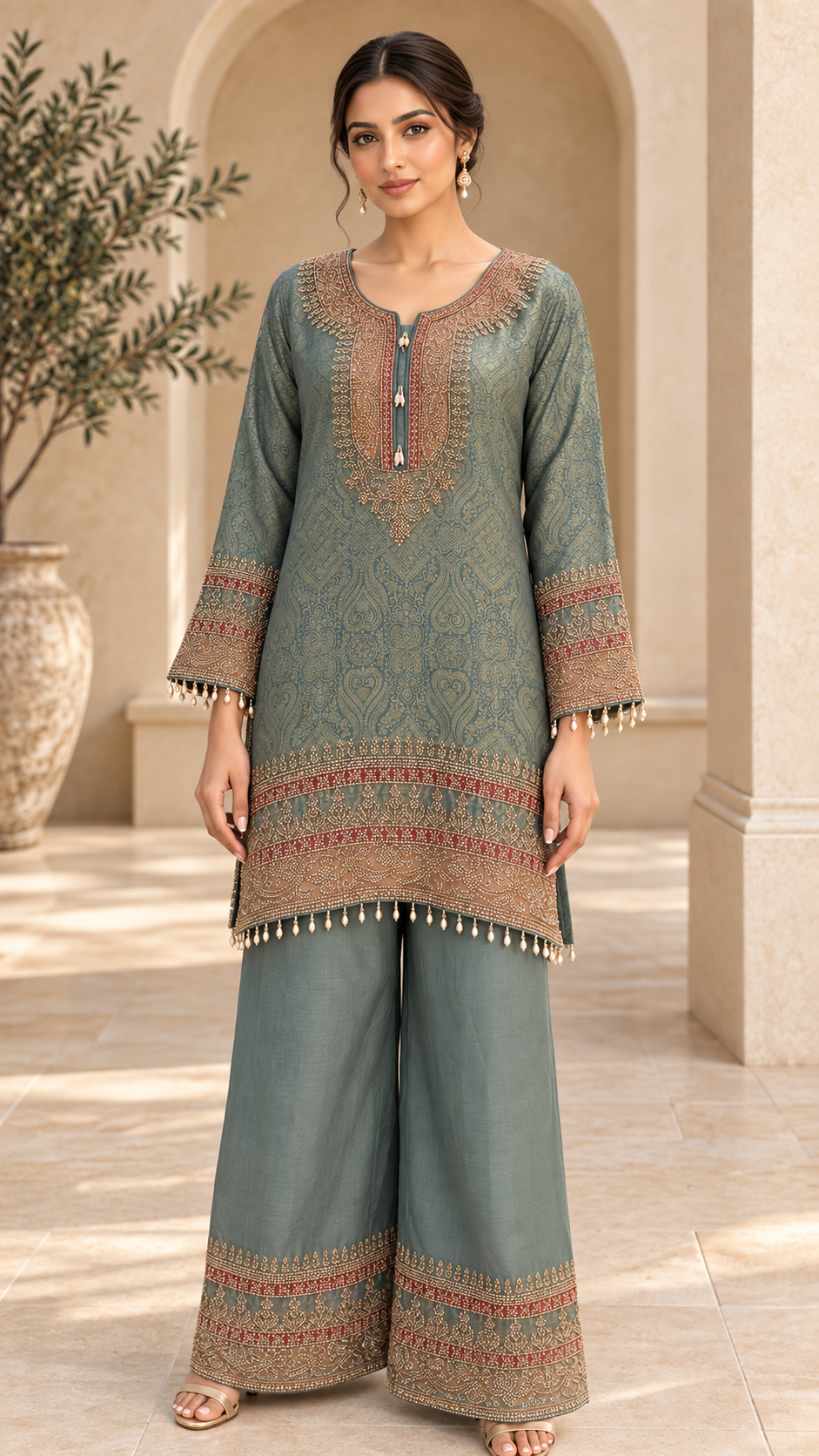 Sage teal plazo dress