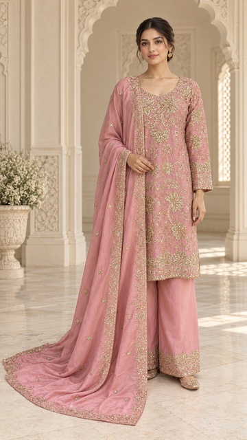 Dusty Rose Embroidered Plazo Dress