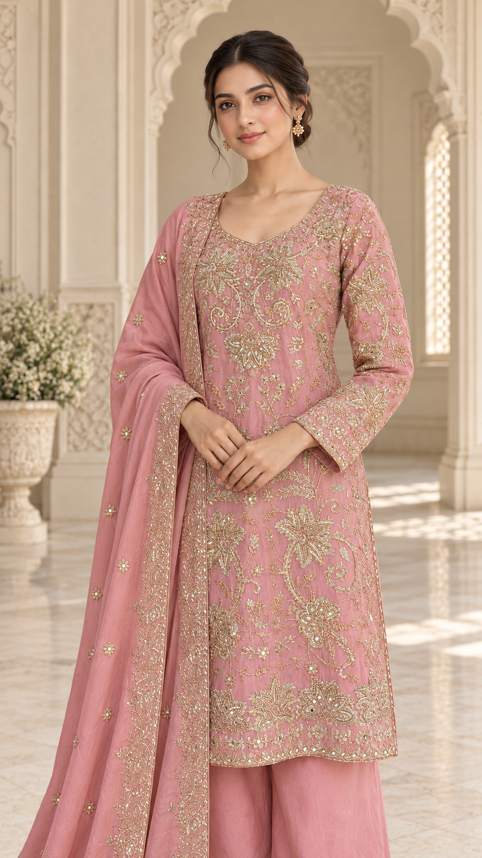 Dusty Rose Embroidered Plazo Dress