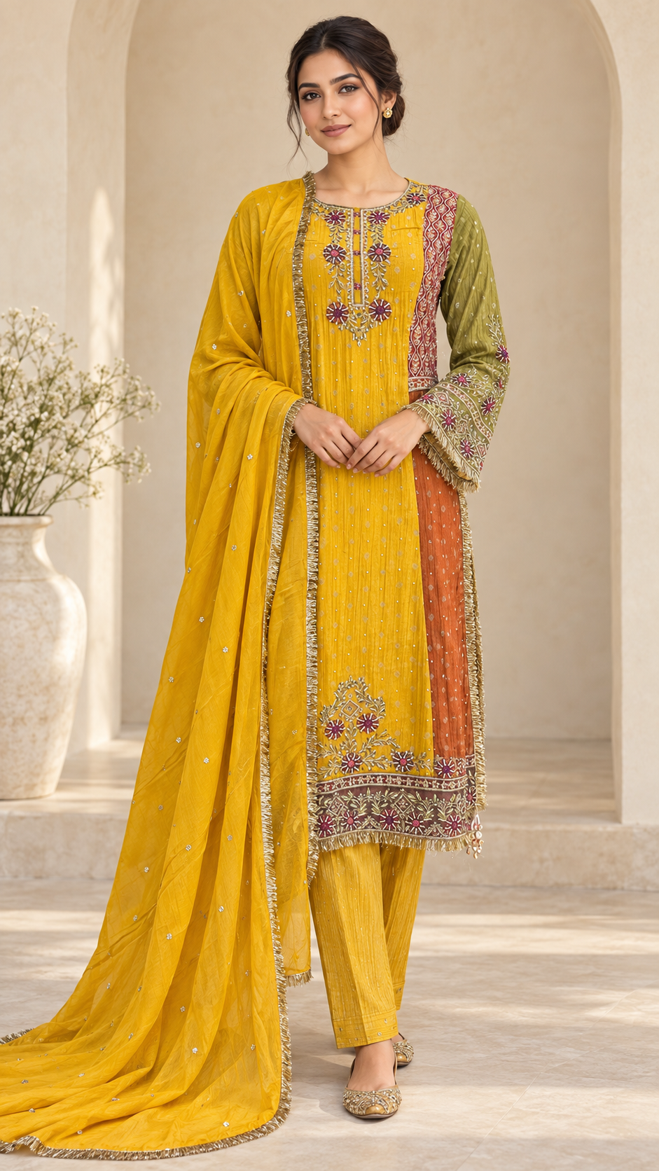 Mustard And Olive Embroidered Suit