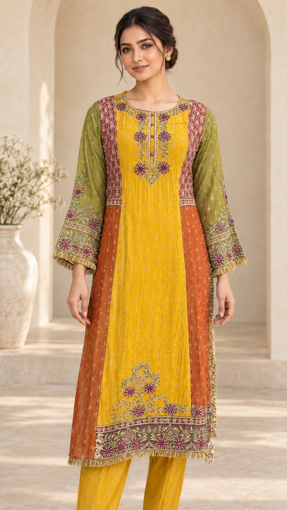 Mustard And Olive Embroidered Suit