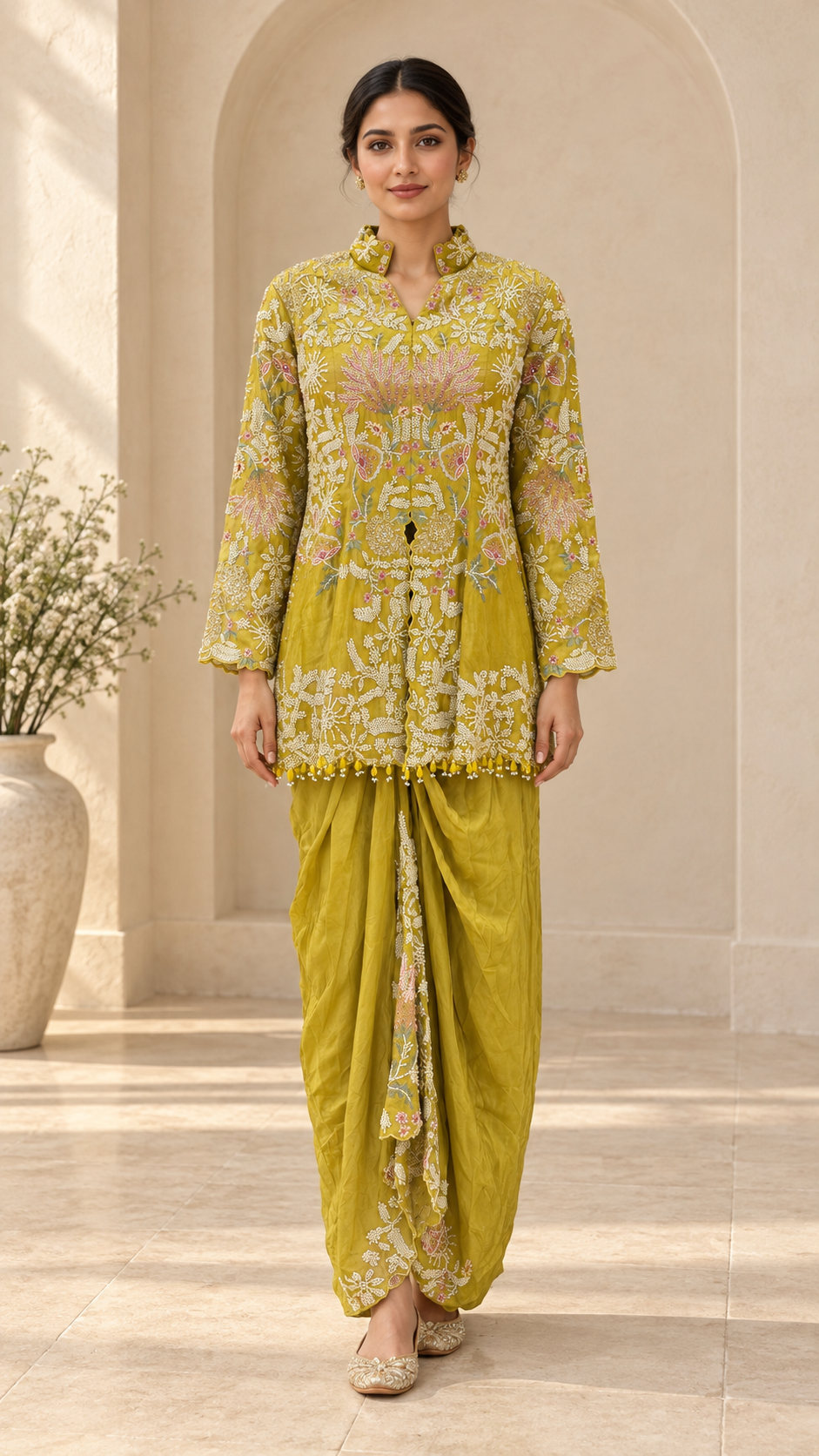 Chartreuse Embroidered Silk Indowestern