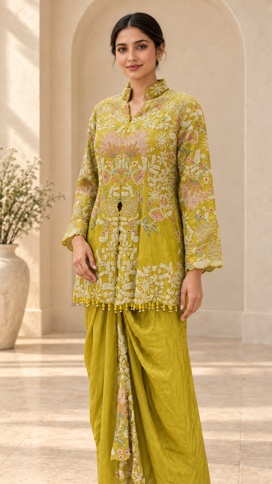 Chartreuse Embroidered Silk Indowestern