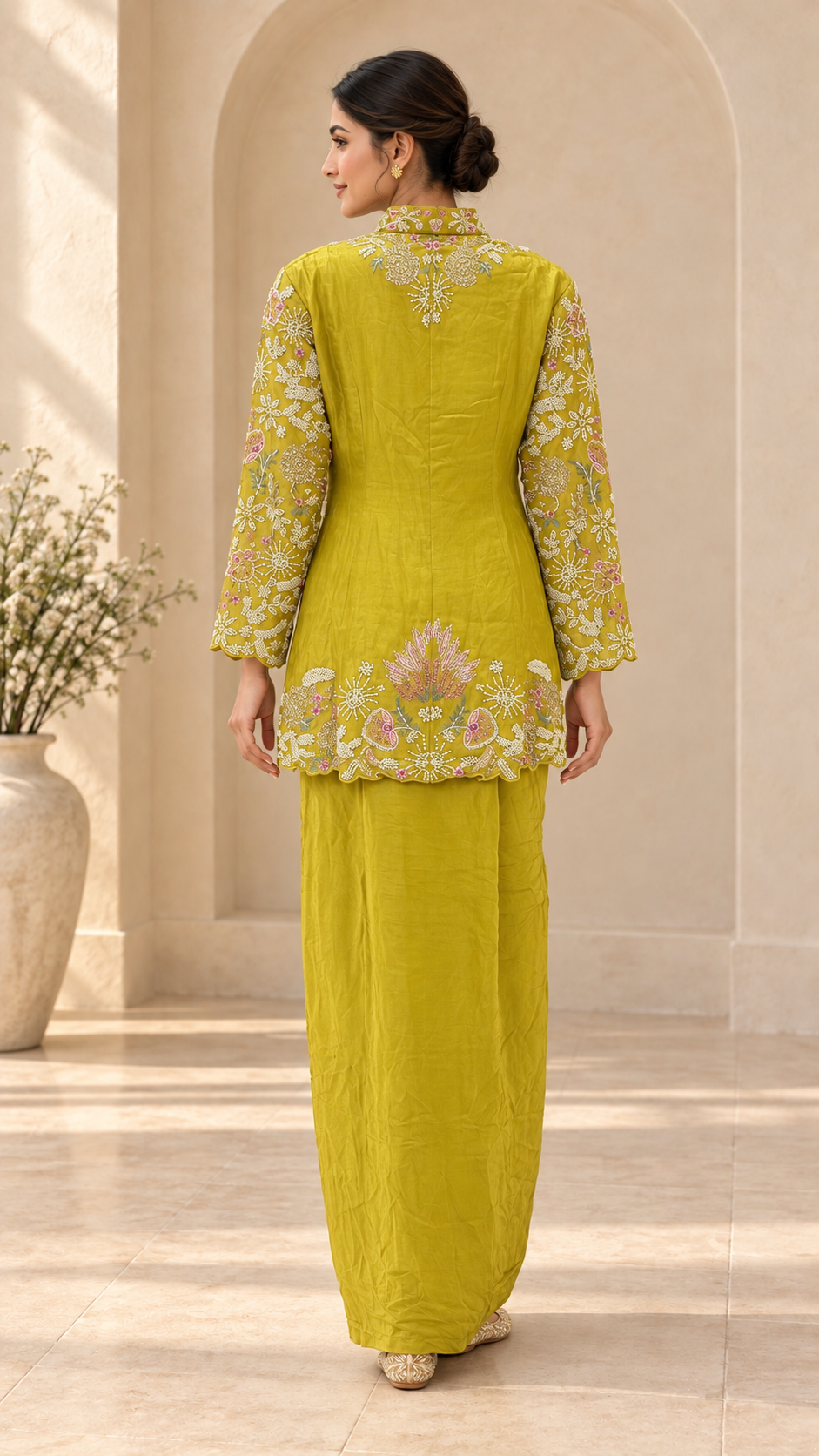 Chartreuse Embroidered Silk Indowestern