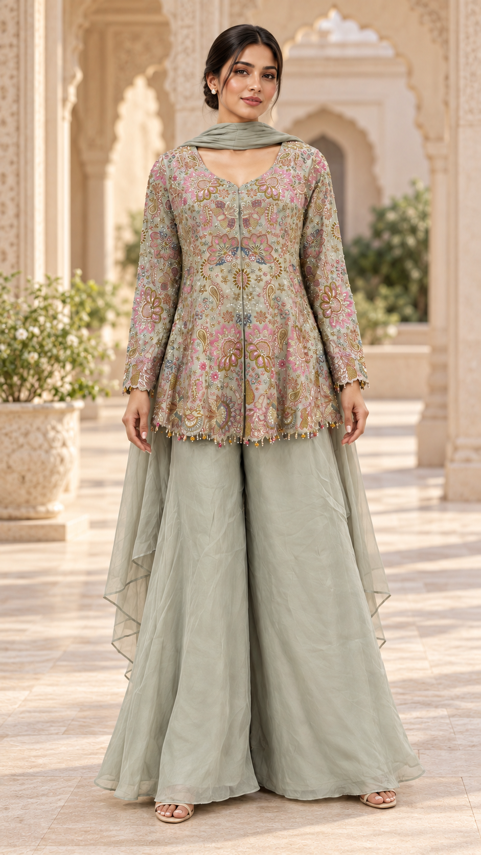 Sage Green Embroidered Short Kurti with Palazzo