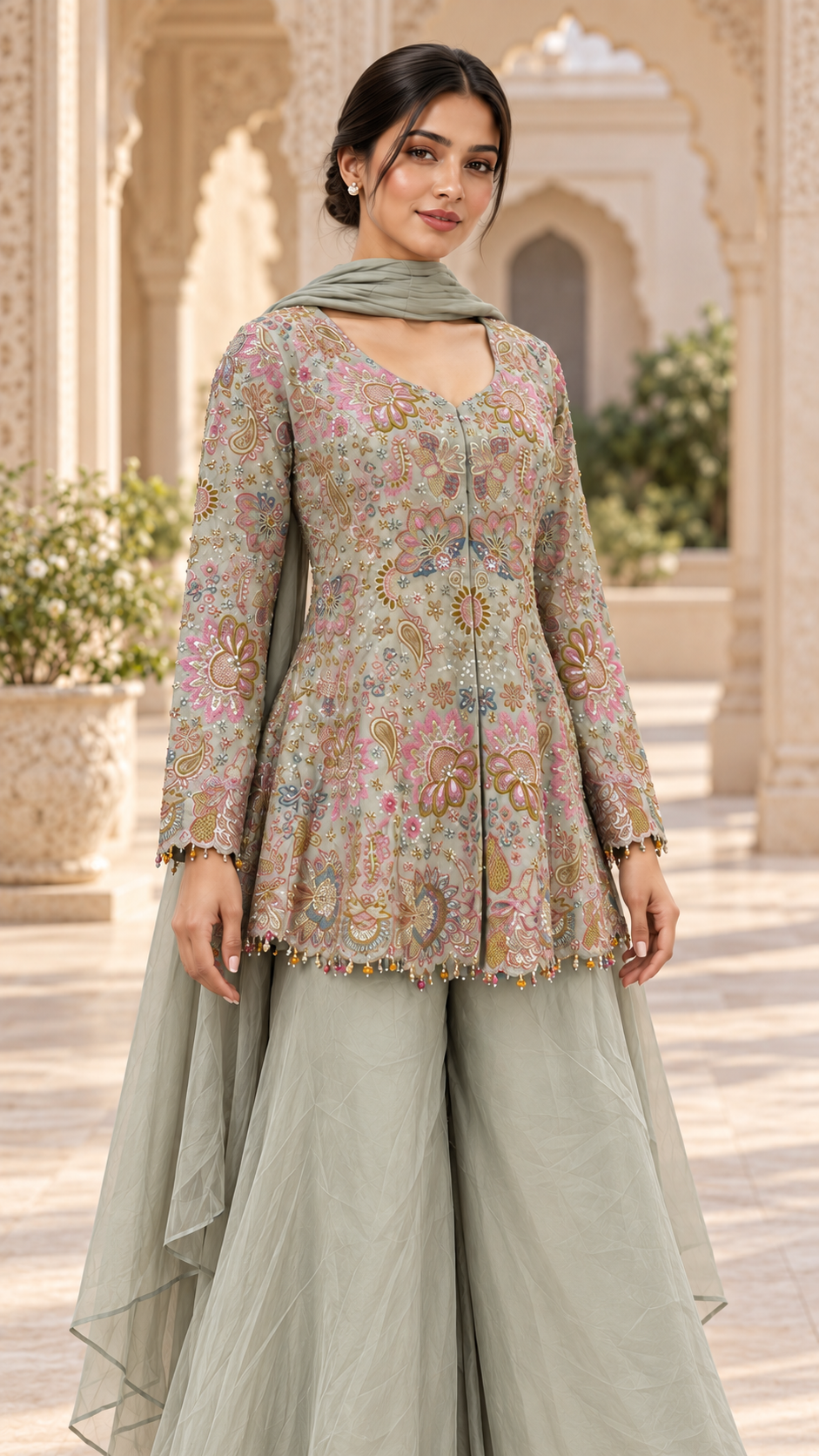 Sage Green Embroidered Short Kurti with Palazzo