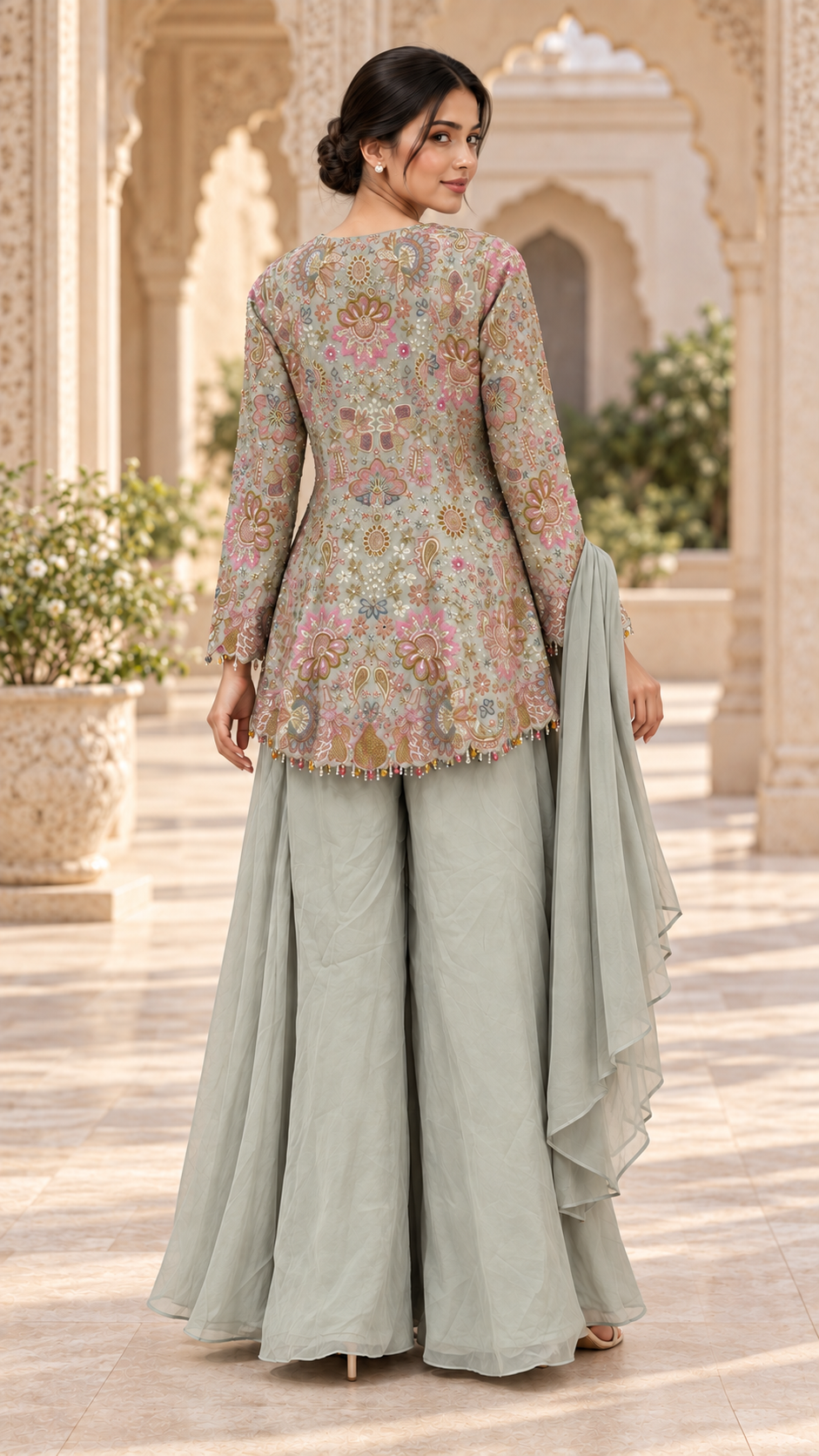 Sage Green Embroidered Short Kurti with Palazzo