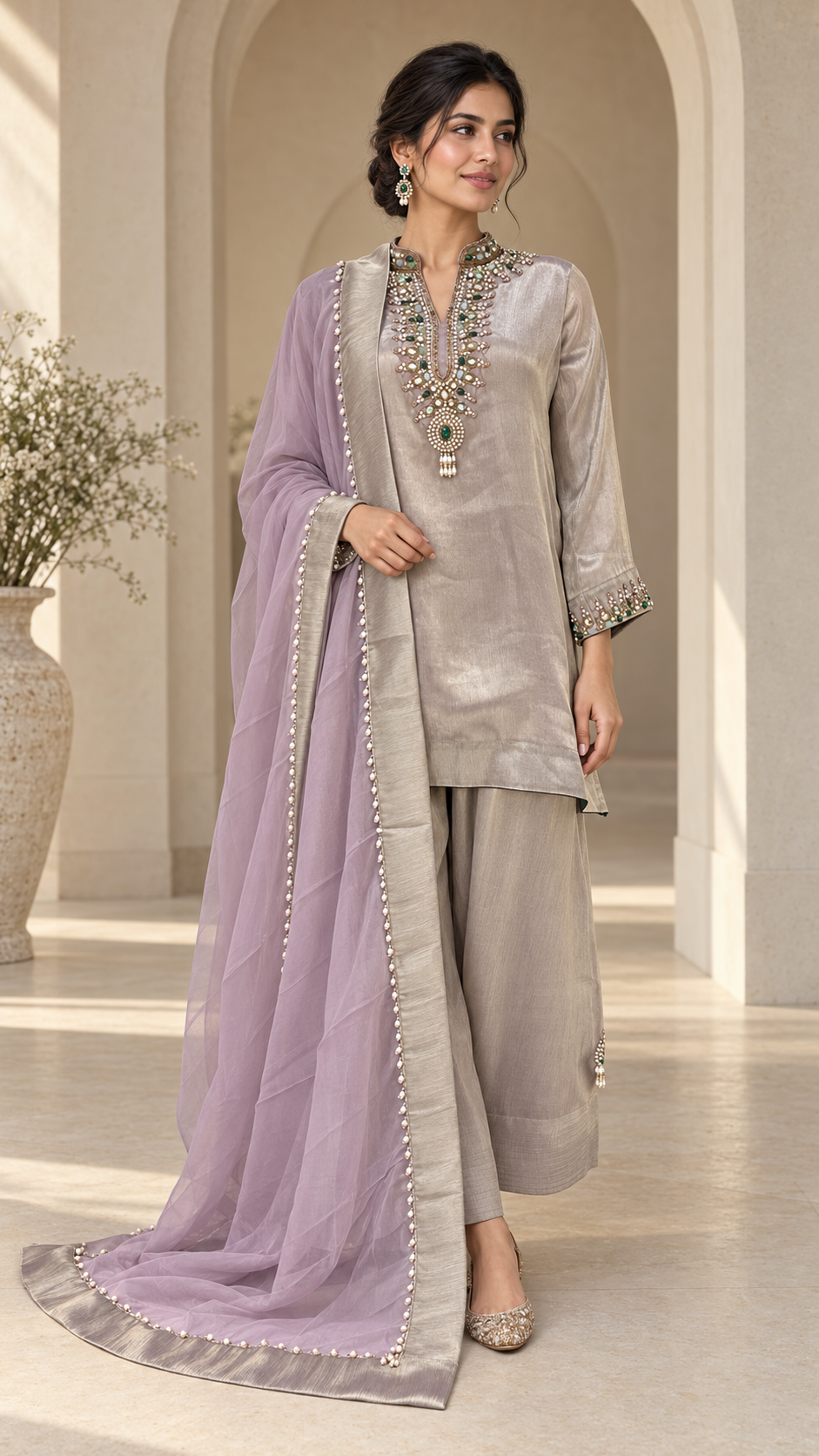 Emerald silk kurta with lavender dupatta