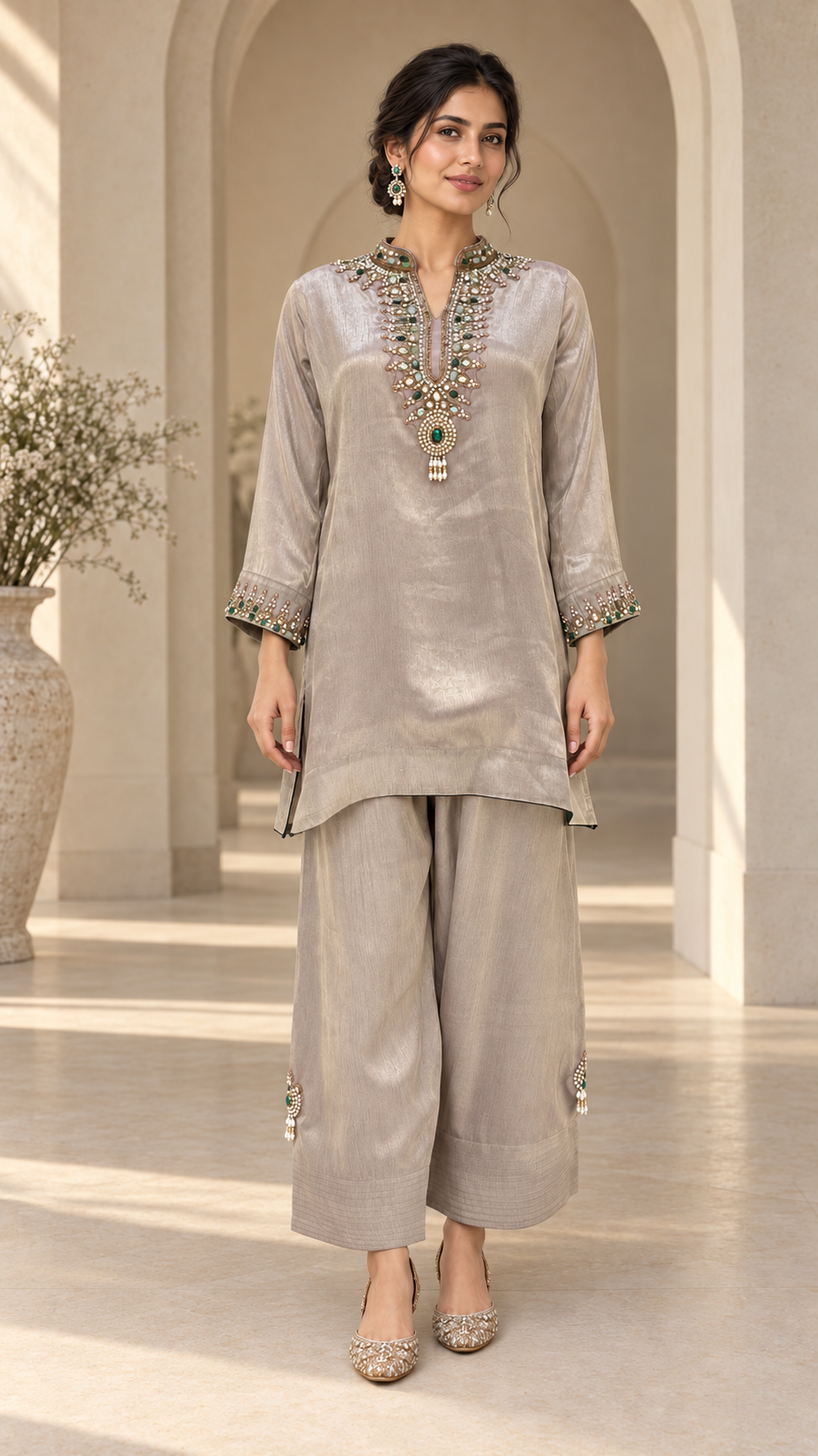 Emerald silk kurta with lavender dupatta