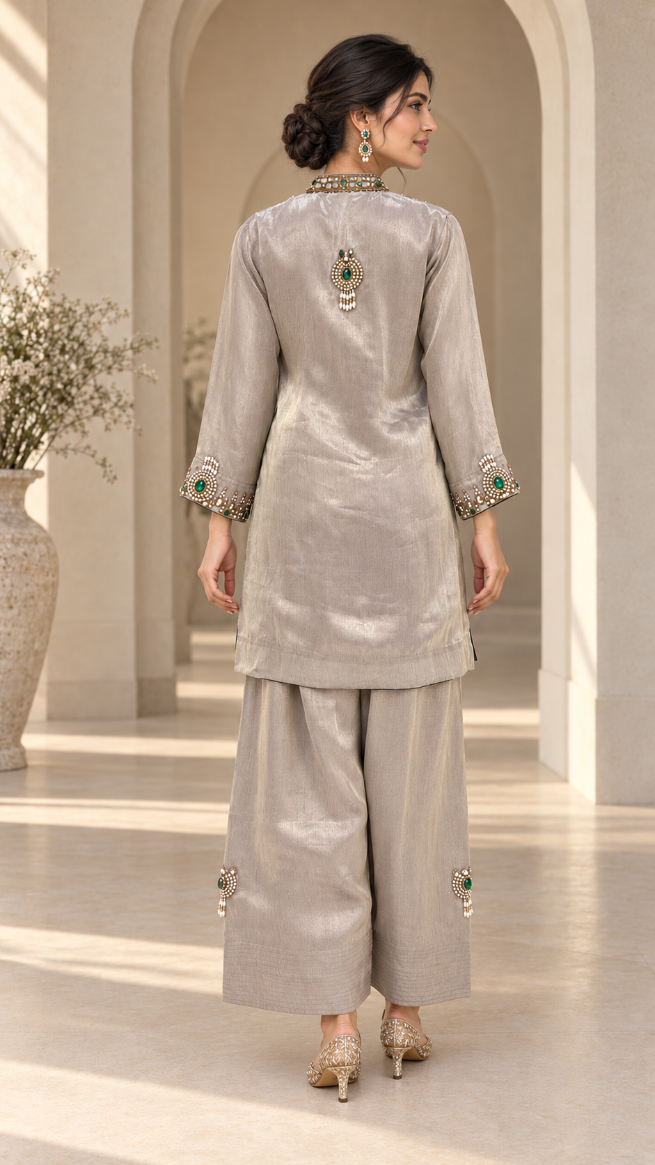 Emerald silk kurta with lavender dupatta