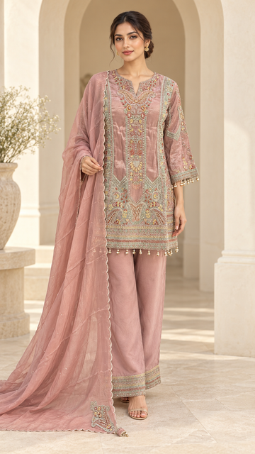 Dusty Rose Embroidered Palazzo Suit