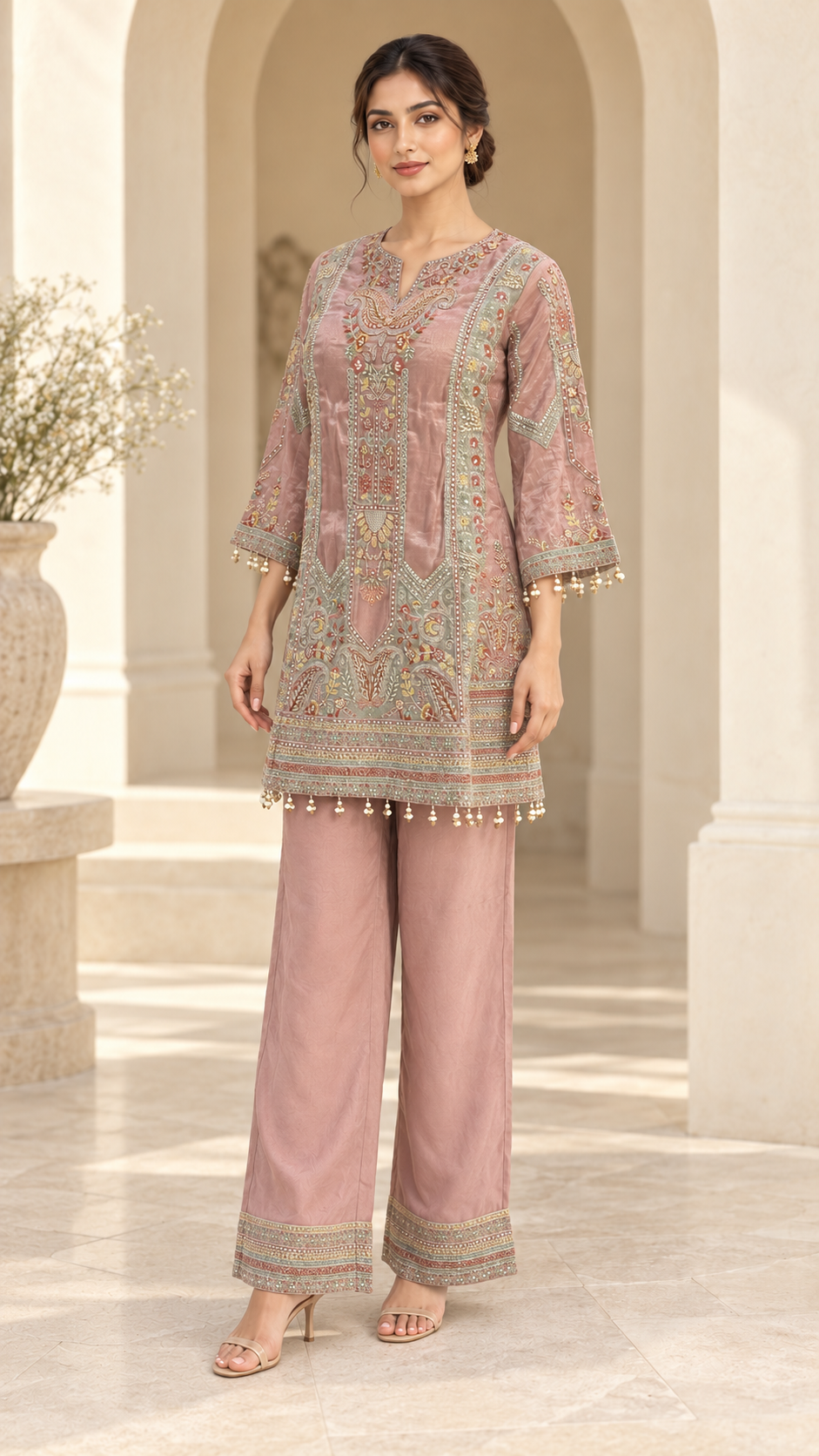Dusty Rose Embroidered Palazzo Suit