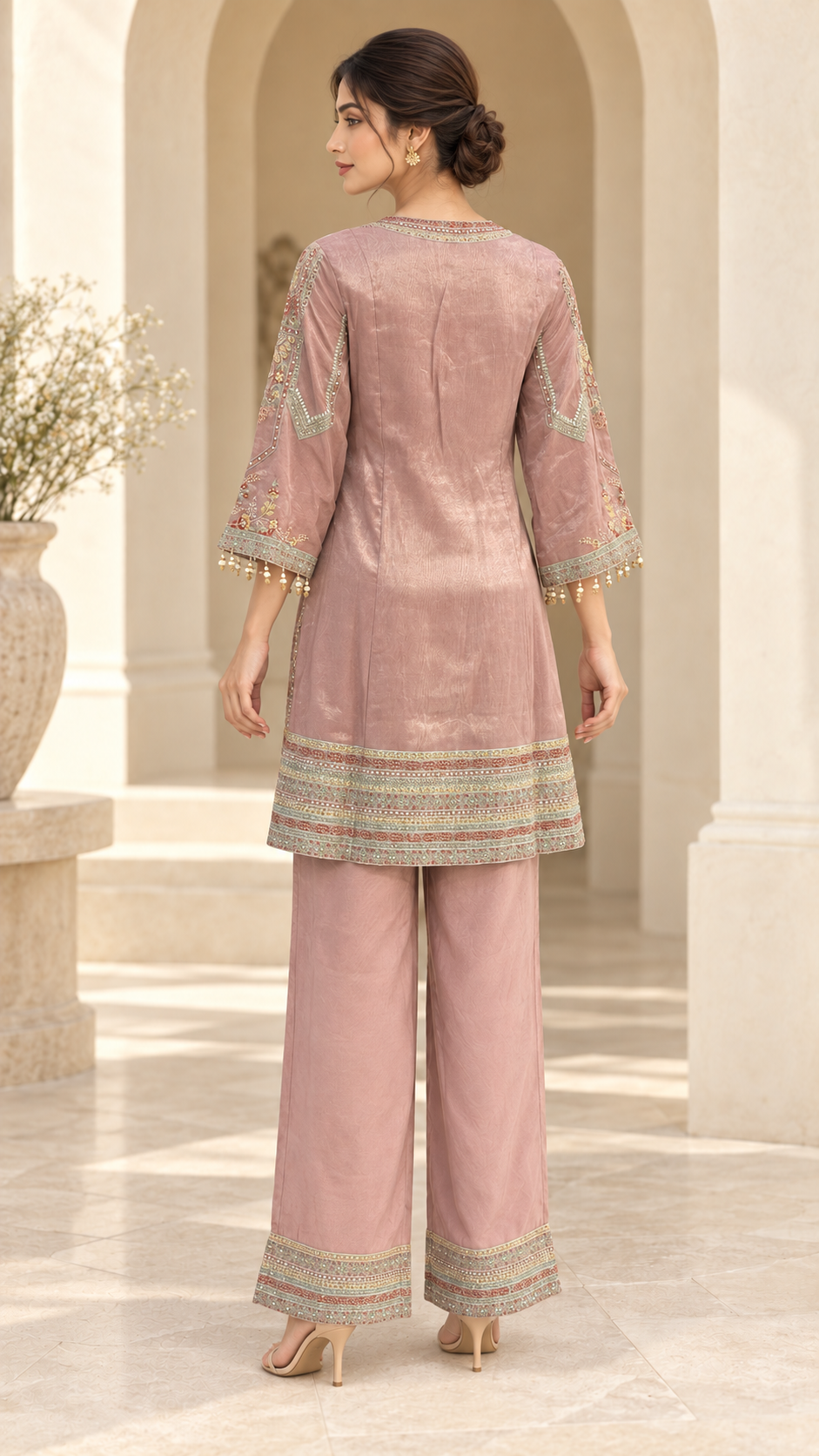Dusty Rose Embroidered Palazzo Suit