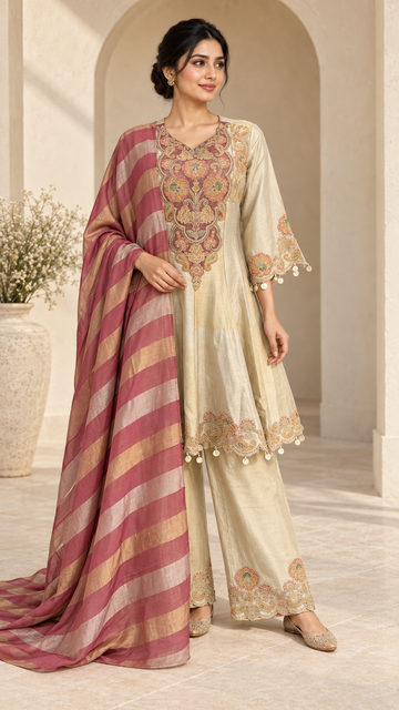 Champagne Gold Embroidered Plazzo