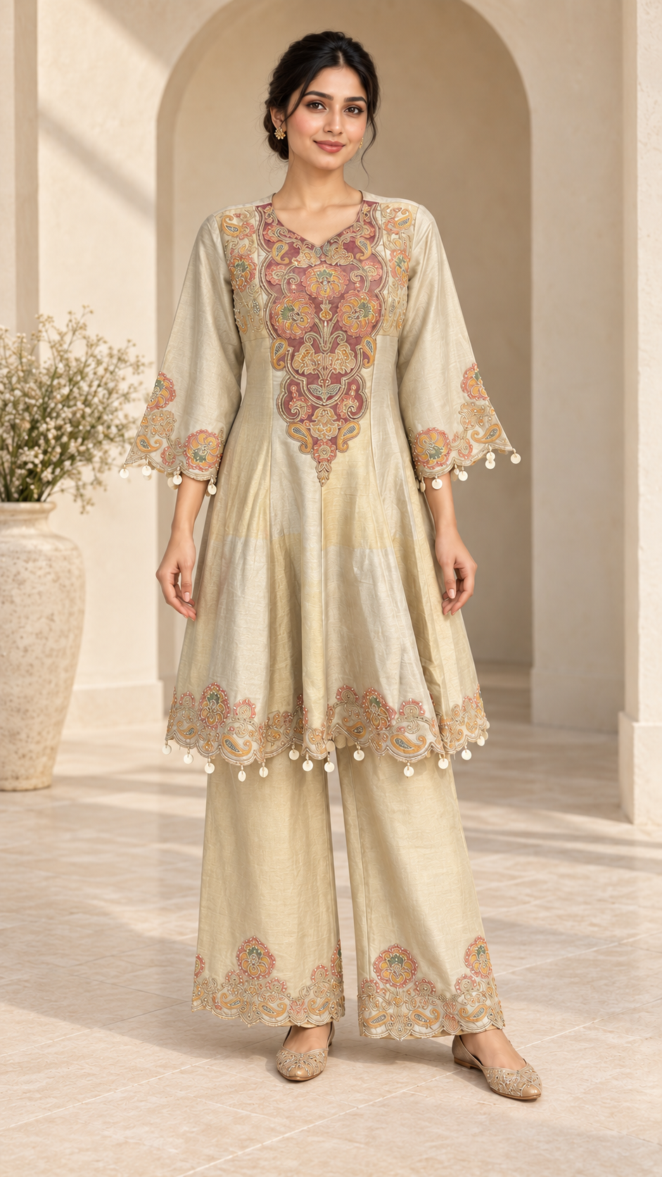 Champagne Gold Embroidered Plazzo