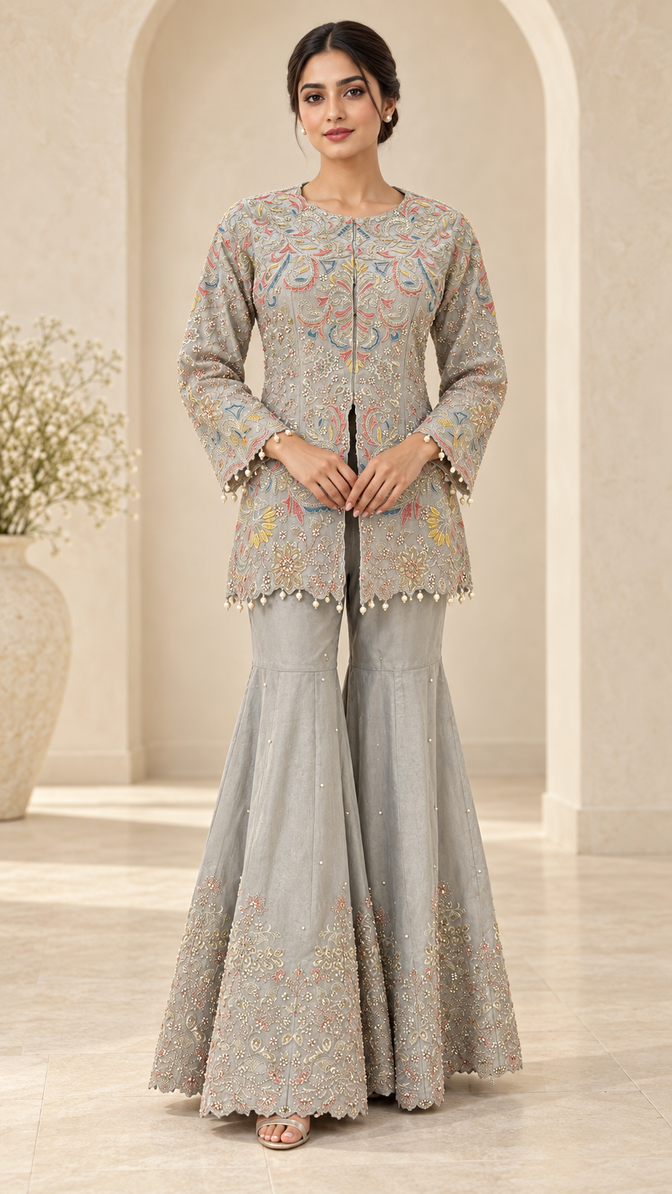 Silver Grey Embroidered Indo western