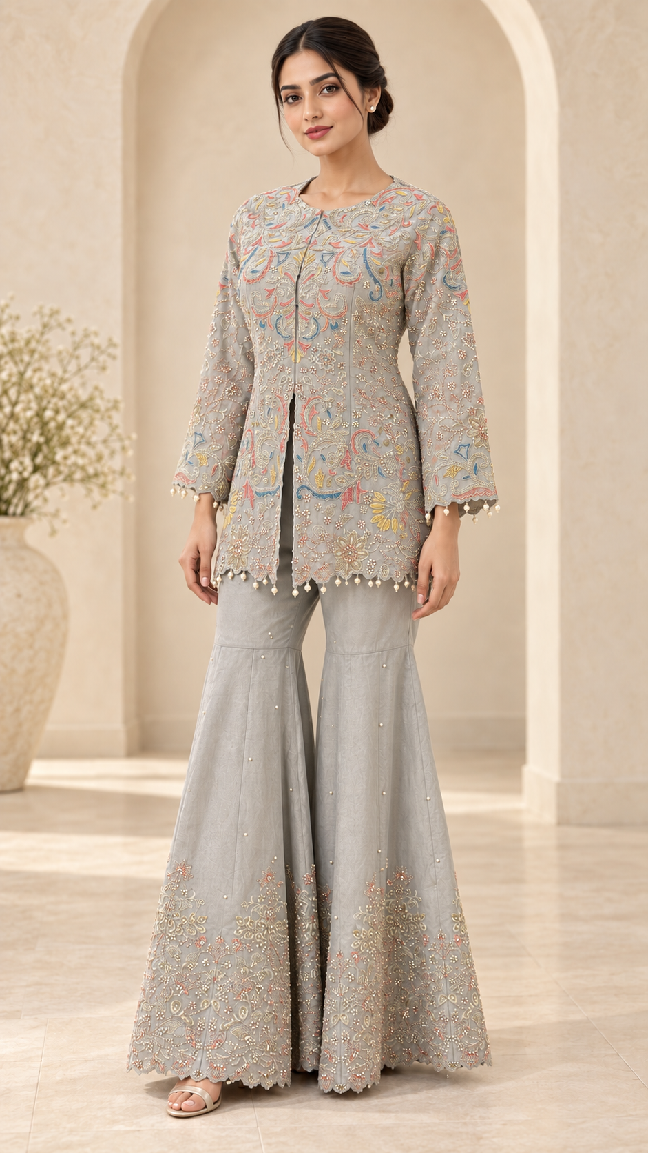 Silver Grey Embroidered Indo western
