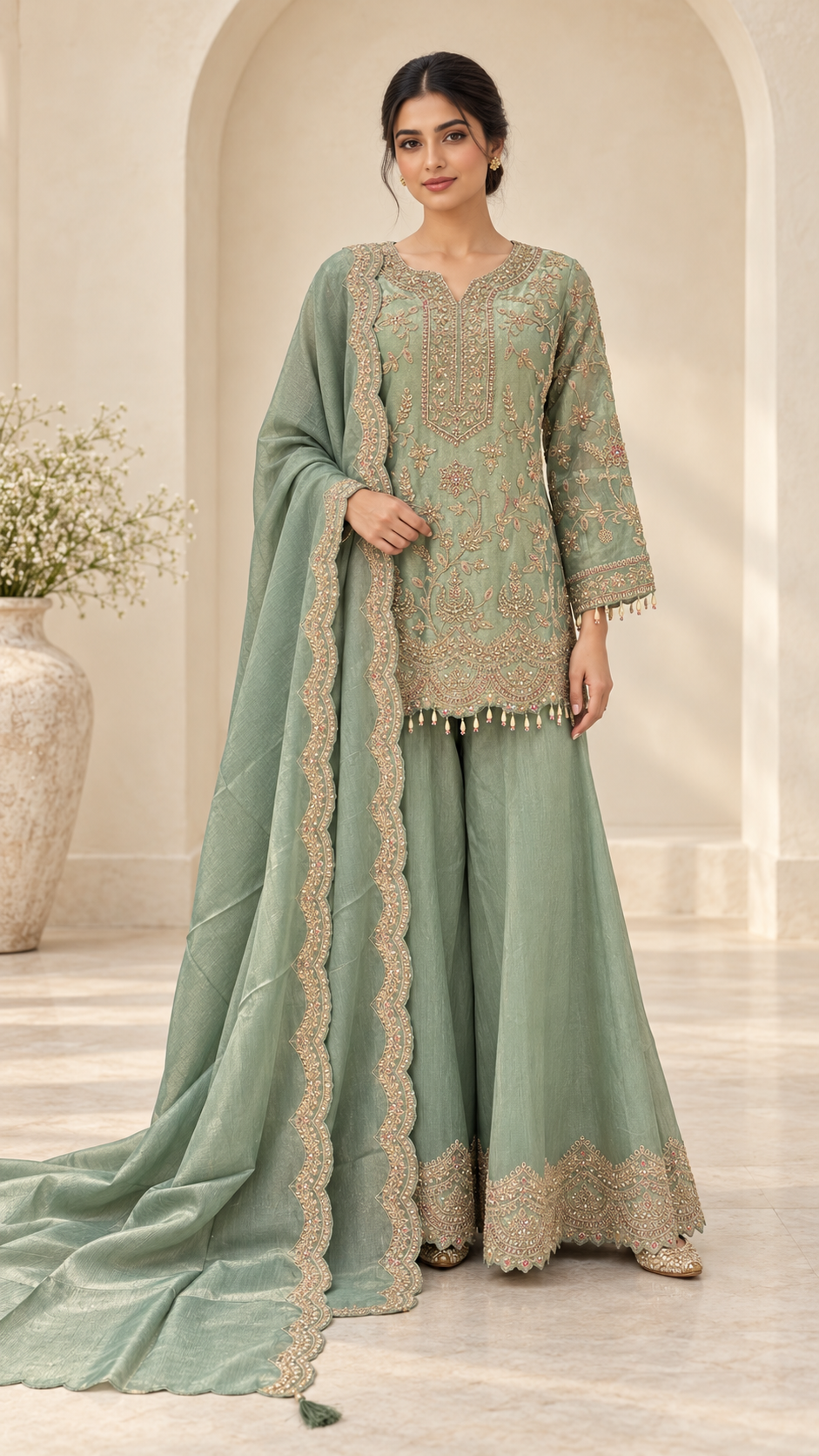 Sage green embroidered palazzo