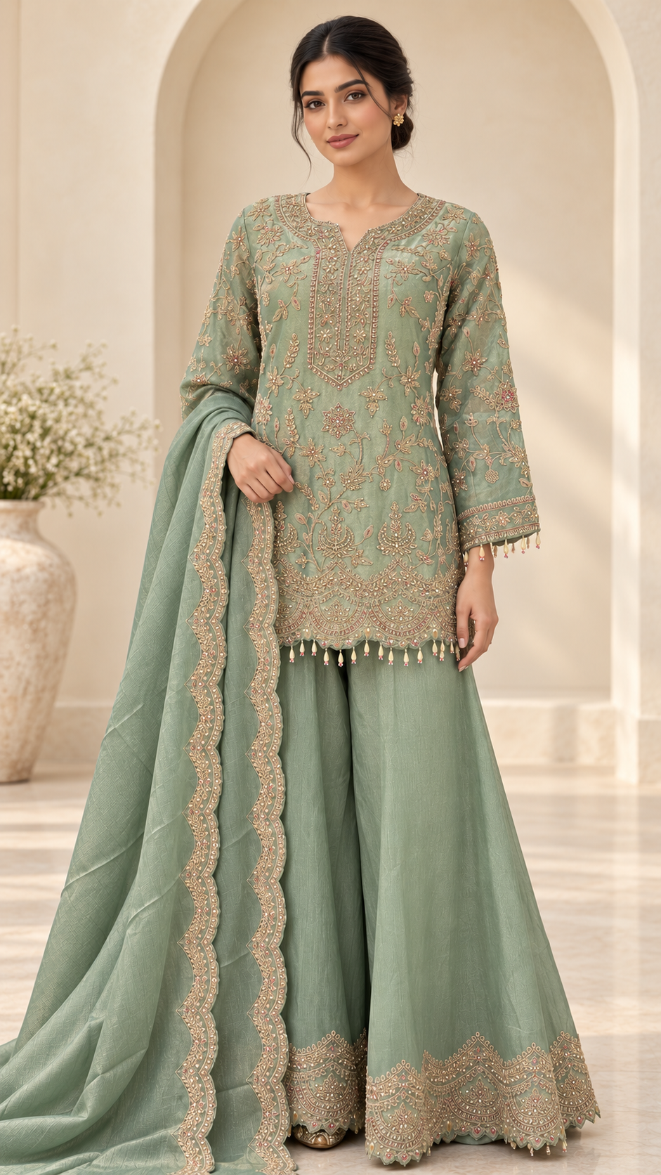 Sage green embroidered palazzo