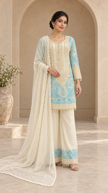 Ivory Aqua Embroidered Plazzo