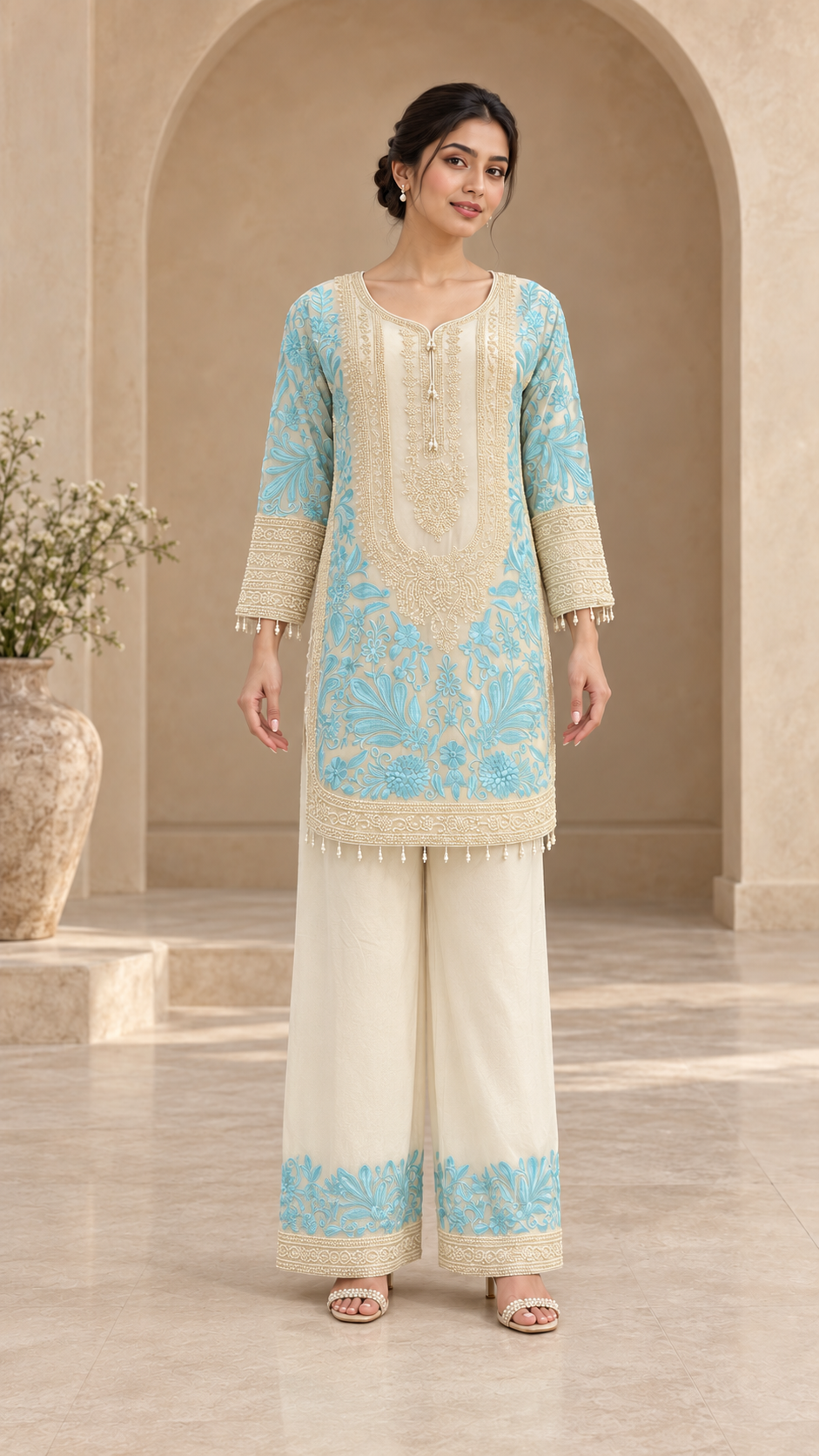 Ivory Aqua Embroidered Plazzo