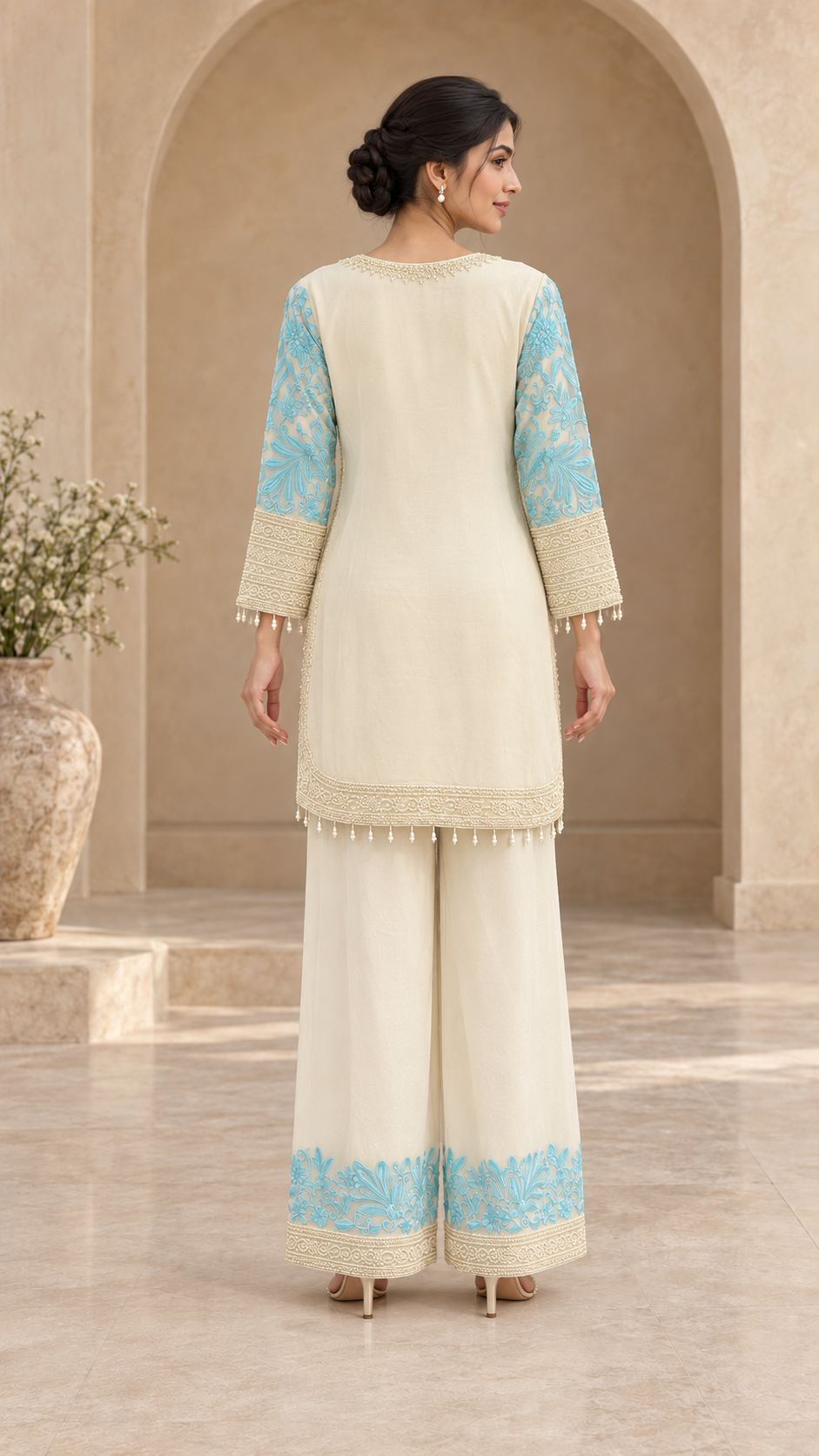 Ivory Aqua Embroidered Plazzo