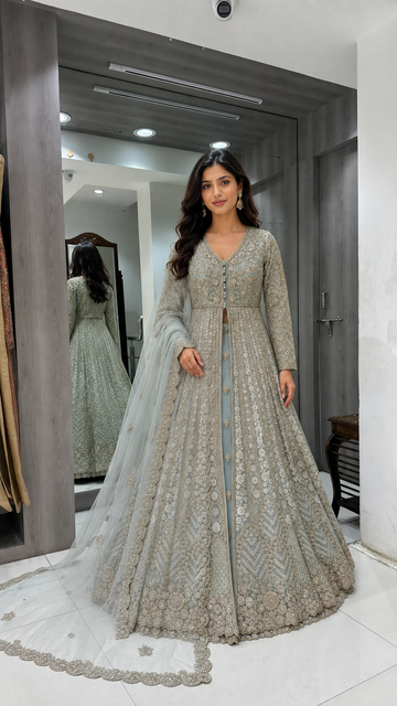 Mint Blue Long Koti Sharara