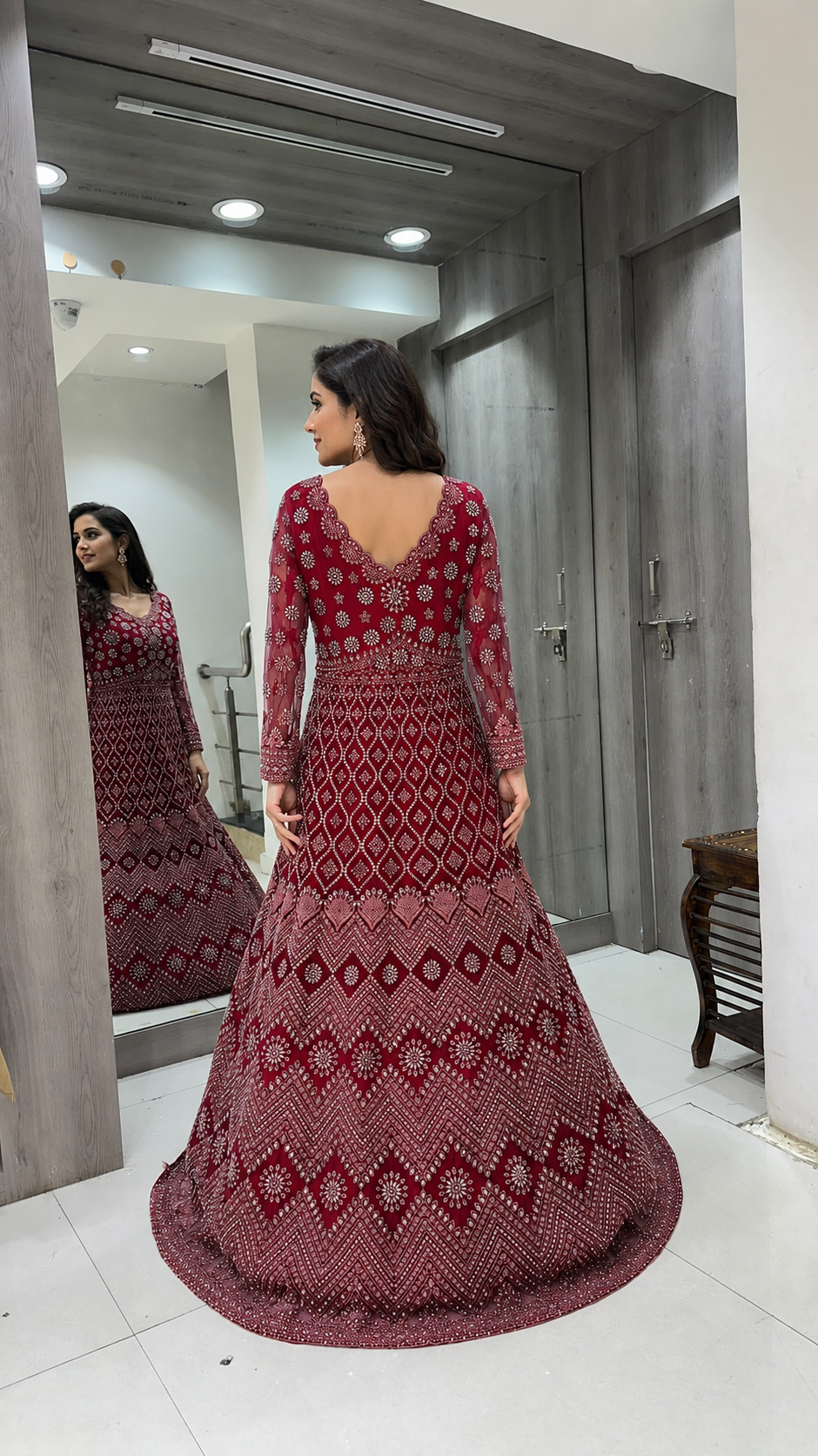 Maroon Embroidered Bridal Gown
