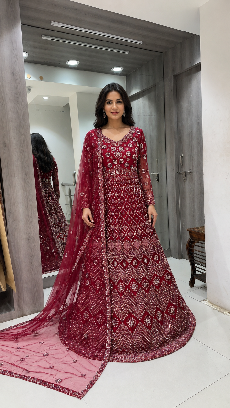 Maroon Embroidered Bridal Gown